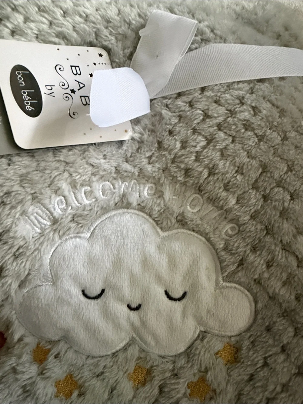 Plush Baby Blanket with Cloud Embroidery - Gray